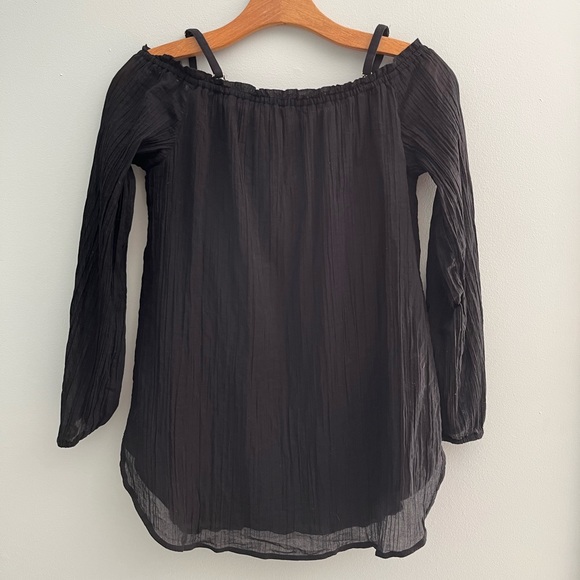 Calvin Klein Off the Shoulder Black and Gold Blouse with Lace Up Detail - Picture 4 of 16